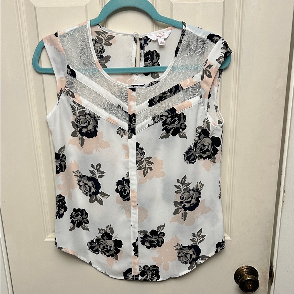 Candie's Women's Floral Lace Blouse - Black, Cream, and Pink